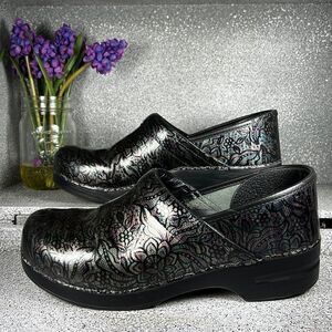 Dansko Leather Metallic Floral Clogs Mules Professional Shoes EU 42 US 11.5